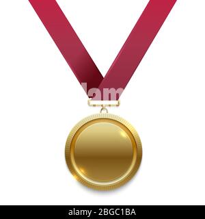 Champion gold medal on red ribbon isolated on white background. Vector illustration Stock Vector