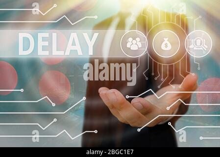 Conceptual Hand Writing Showing Delay. Concept Meaning Unplanned Deferment  Of A Scheduled Activity Because Of Some Thing Striped Paperboard Cardboard  Office Study Supplies Chart Stock Photo, Picture and Royalty Free Image.  Image