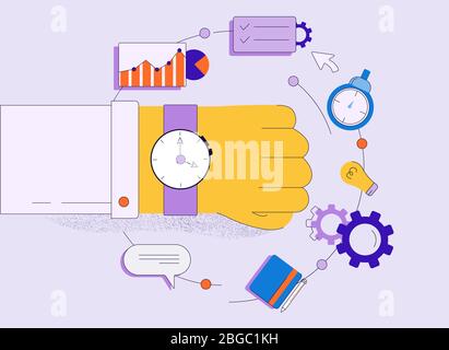 Cartoon human hand with wrist watch surrounded by business elements isolated on white Stock Vector