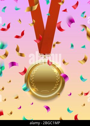 Winner concept vector - gold medal on red ribbon and colorful confetti. Vector illustration Stock Vector