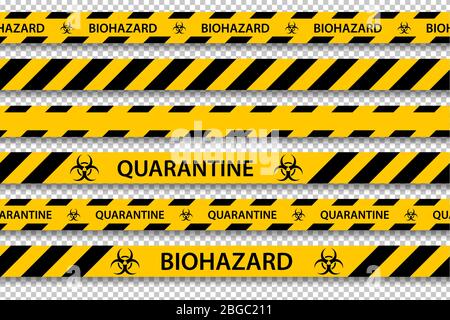 Vector biohazard danger yellow black seamless tape set isolated on transparent background. Safety fencing ribbon. Quarantine flu. Warning danger Stock Vector