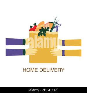 Home delivery a package with products bought in a store. The courier transfers the delivered food to the customer. Paper bag with food. Set of product Stock Vector