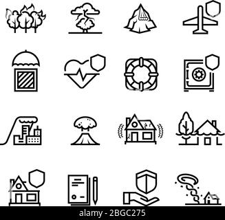 Insurance cases and natural disasters line icons. Property, life and health safety outline symbols. Insurance and protection health and house. Vector illustration Stock Vector