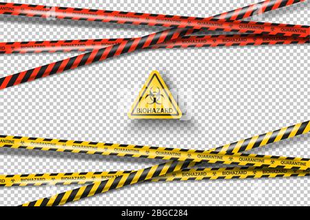Vector biohazard danger yellow black tape isolated on transparent background. Safety red fencing ribbon. Quarantine flu. Warning danger influenza Stock Vector