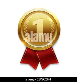 Winner gold medal with red ribbons. Vector illustration Stock Vector