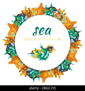 Sealife round banner design - banner with cartoon seaweeds and fish. Vector illustration Stock Vector