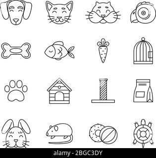 Linear icon set of domestic pets and his tools. Zoo magazin vector pictures isolated Stock Vector