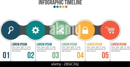 Infographic timeline with 5 options. Business infographics. Presentation slide with 5 steps, circles. Stock Vector illustration Stock Vector