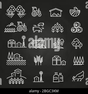 White farm icons and concepts on blackboard. Farm agriculture, village and tractor, field harvest illustration Stock Vector