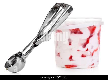 Ice cream in bucket and ice cream spoon isolated on white Stock Photo