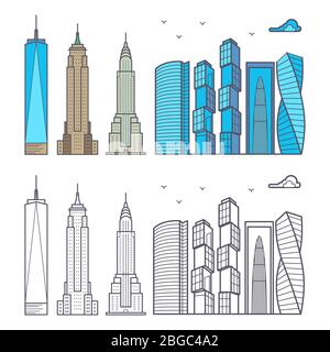 Linear and colorful city skyscrapers isolated on white background. Cityscape urban skyscraper, set of outline building. Vector illustration Stock Vector