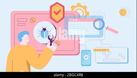 Cartoon colorful male protecting computer software from virus during bug detecting Stock Vector