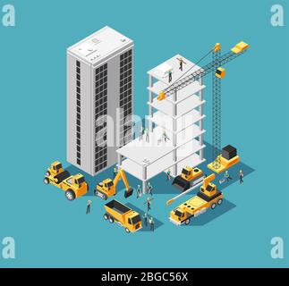 Building construction vector 3d isometric concept with builders and heavy equipment. House construction site background. Isometric construction site with crane and machine illustration Stock Vector