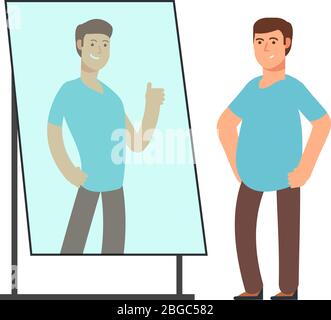 Fat man looking on strong and thin person reflection in mirror. Fitness goals vector concept. Man standing in mirror with overweight illustration Stock Vector