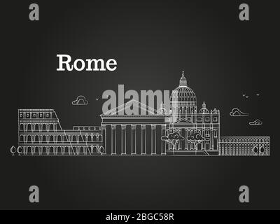 White linear Rome panorama with famous buildings, sights, Coliseum on black background. Vector illustration Stock Vector