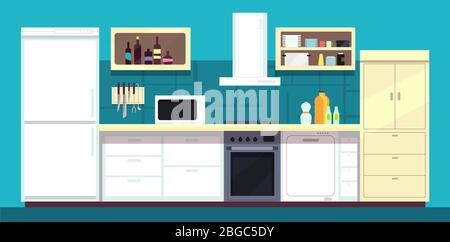 Cartoon kitchen interior with fridge, oven and other home cooking appliances vector illustration. Kitchen and stove interior, cooking and fridge domestic Stock Vector