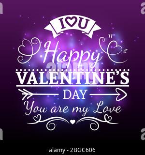 White valentine day typography banner poster on shiny violet background. Vector illustration Stock Vector