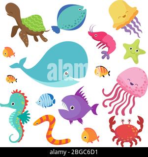 Cartoon childrens aquarium and wild sea fishes vector set. Fish and sea animal, nature marine underwater wildlife illustration Stock Vector