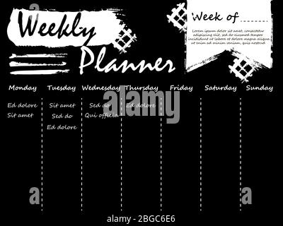 Black and white weekly planner template design with grunge effect. Vector illustration Stock Vector
