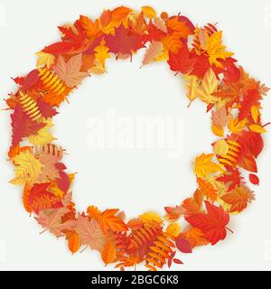 Wreath made of autumn flowers and leaves on light background. Autumn composition. EPS 10 Stock Vector
