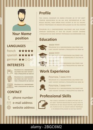 Modern flat male resume tempate with design elements. Vector of resume for business company illustration Stock Vector