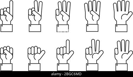 Hand with counting fingers vector line symbols. Human hand and finger gesture symbol illustartion Stock Vector