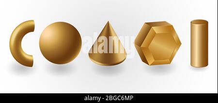 Set of colorful metallic realistic glossy 3d gold shapes isolated on white background Stock Vector