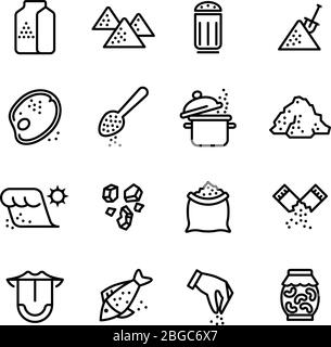 Salt vector line icons set. Illustration of salt icon for cook meat and fish Stock Vector