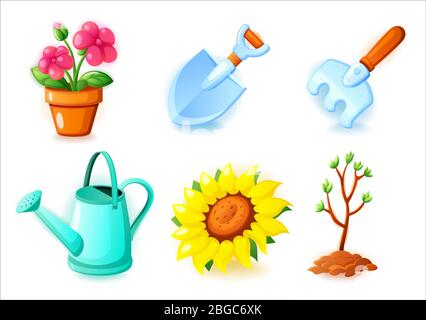 Gardening icons set - Flower pot, shovel, rake, watering can, sunflowers and seedling tree - icons for web and mobile games, vector illustration on Stock Vector