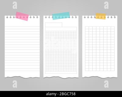 Ripped lined notebook pages templates for notes or memo. Vector illustration Stock Vector