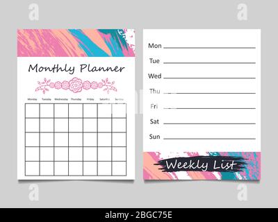 Weekly list and monthly planner template card design. Vector illustration Stock Vector