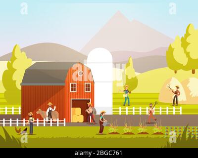 Cartoon farm with farmers, farm animals and equipment vector illustration. Farm agriculture and farmer, rural farming and landscape Stock Vector