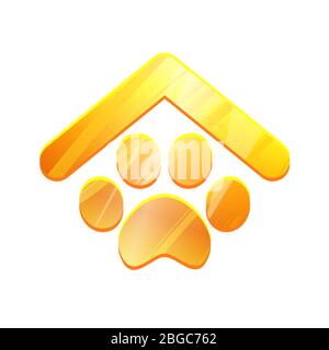 Pets house gold logo isolated on white background. Symbol of animal hotel vector icon. Paw sign under roof. Zoo market graphic element. Pet home web element in Simple shape. Metal cats footprint. Stock Vector