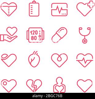 Cardiology medicine vector line icons. Cardiologist and heart diseases vector symbols. Health heart line icons. Illustration of cardiology medicine Stock Vector