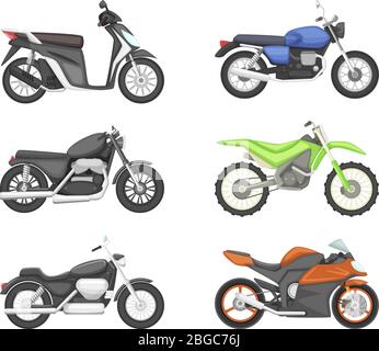 Different types of motorcycles. Vector set illustrations in cartoon style Stock Vector
