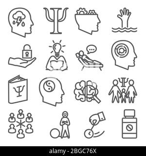 Psychology line icons set on white background Stock Vector