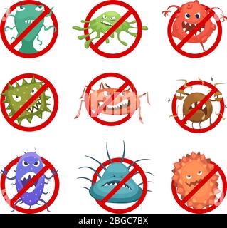 Red round signs with different bacteria and germs. Vector cartoon illustrations Stock Vector