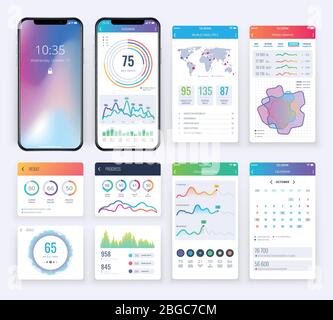 Smartphone ui set with data business graphs for mobile app. Interface smartphone infographic and colored chart with map illustration Stock Vector