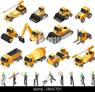 Isometric construction workers, building machinery and equipment 3d vector set. Construction equipment and bulldozer machinery illustration Stock Vector