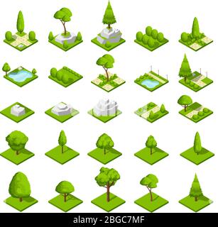 Isometric 3d nature elements. Forest and city park trees and plants. Vector map graphics. Wood and park green nature part, natural eco isometric illustration Stock Vector
