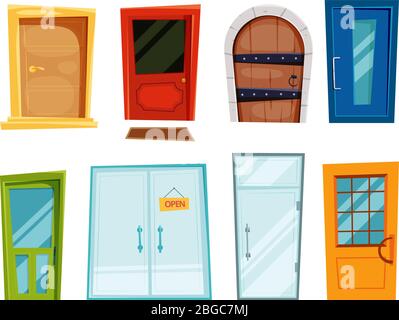 Closed doors of different types. Vector illustrations in cartoon style Stock Vector