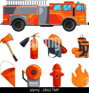Protective clothing of fireman, boots, helmet, axe and other specific tools. Vector illustrations Stock Vector