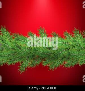 Christmas holiday border with realistic fir tree branches decorations with shadow, on red. EPS 10 Stock Vector