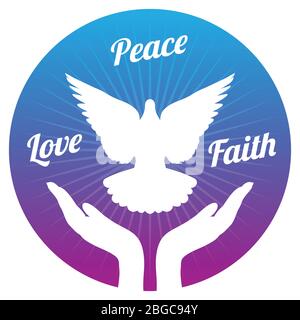 Dove peace flying from hands in sky. Love, freedom and religion faith vector concept. Peace and love, faith and hope illustration Stock Vector