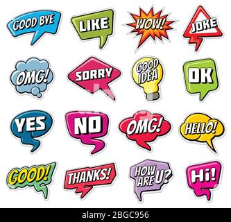 Chatting phrases. Funny comic words in speech clouds vector set. Illustration speech cloud expression with word chat Stock Vector
