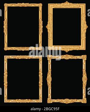 Vintage gold ornate square frames isolated. Retro shiny luxury golden vector borders. Luxury frame carving photo and picture illustration Stock Vector