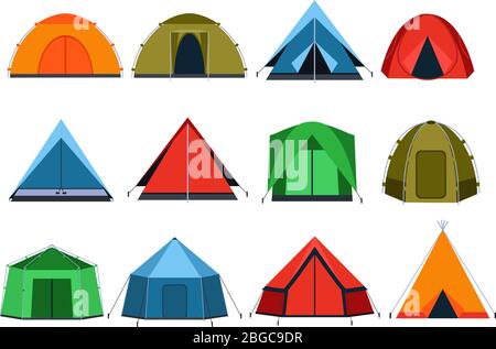 Different tourists tents for camping. Vector pictures in flat style Stock Vector
