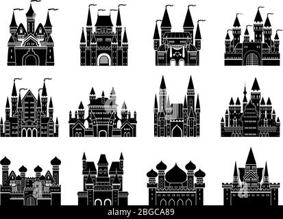 Monochrome vector illustrations set with different medieval old castles and towers Stock Vector