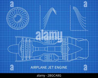 Airplane jet engine with turbine vector blueprint design. Illustration of air engine and turbine plan drawing blueprint Stock Vector