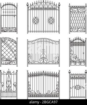 Vector pictures of iron doors or gates with swirls, borders and other decorative elements Stock Vector